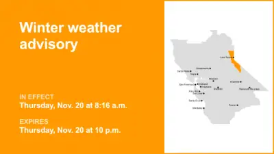 Winter weather advisory affecting the Greater Lake Tahoe Area until Thursday night – as much as 12 inches of snow